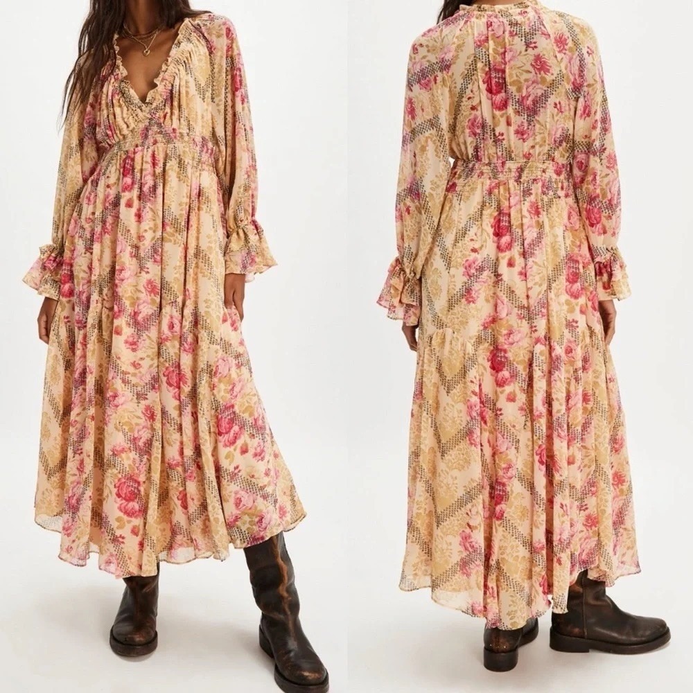 Free People Floral Maxi Dress Natural Combo V-Neck Smocked Waist Small OB2097030 - Picture 15 of 15